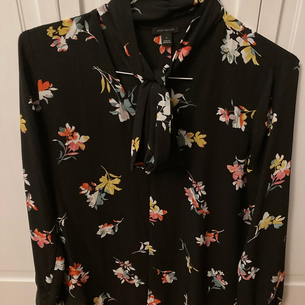 Ann Taylor Black Blouse with Multicolor Floral Design